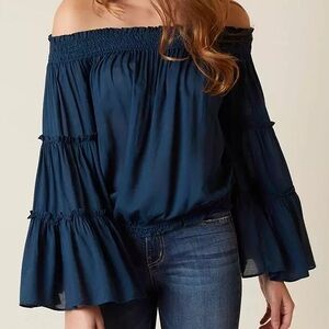 Free People Free Spirit Midnight Blue Textured Ruffled Bell Sleeve Blouse size S